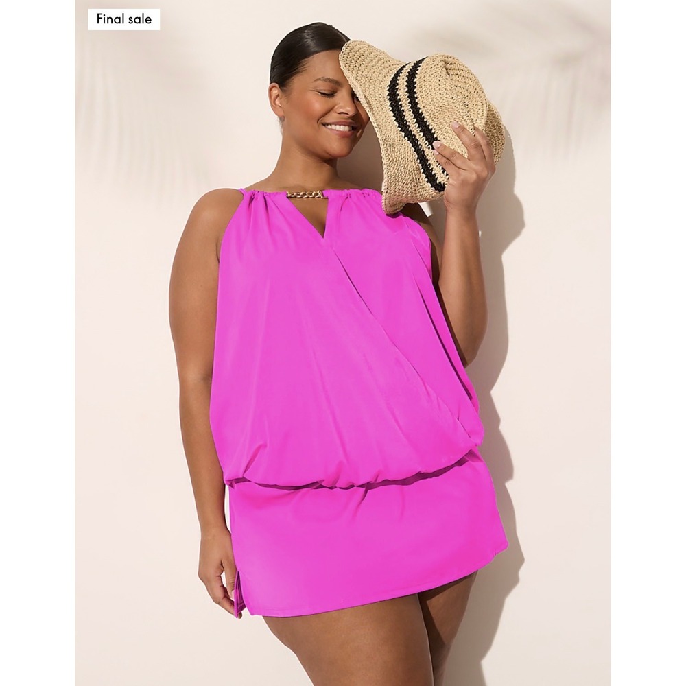 Cacique Lightly Lined Balconette Tankini Top Hot Pink Blouson 42DDD 410586